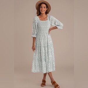 Floral 3/4 Sleeve Square Neck Smocked Tiered Midi Dress (New with tags)